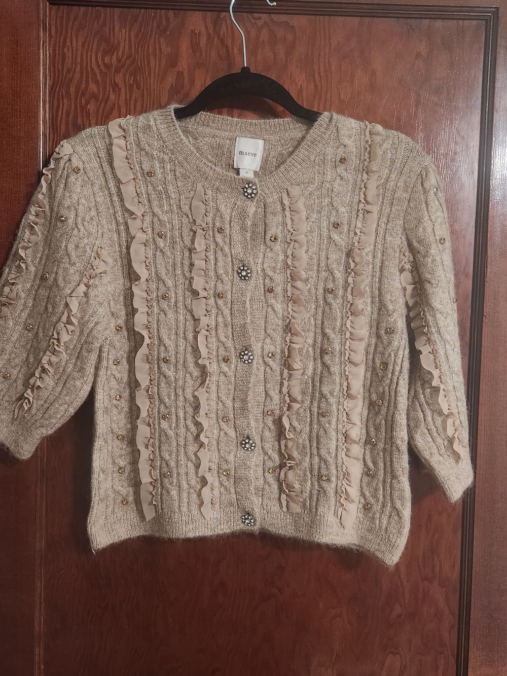Maeve by Anthropologie Embellished Ruffle Cable Knit Cardigan Sweater Beige S NW